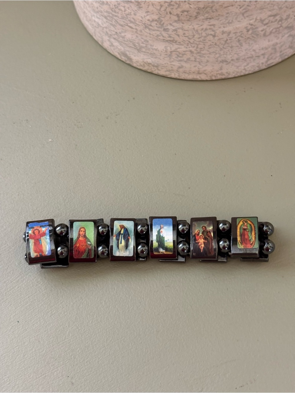 Multicolored Religious Icon Stretch Bracelet with Black Bead Accents